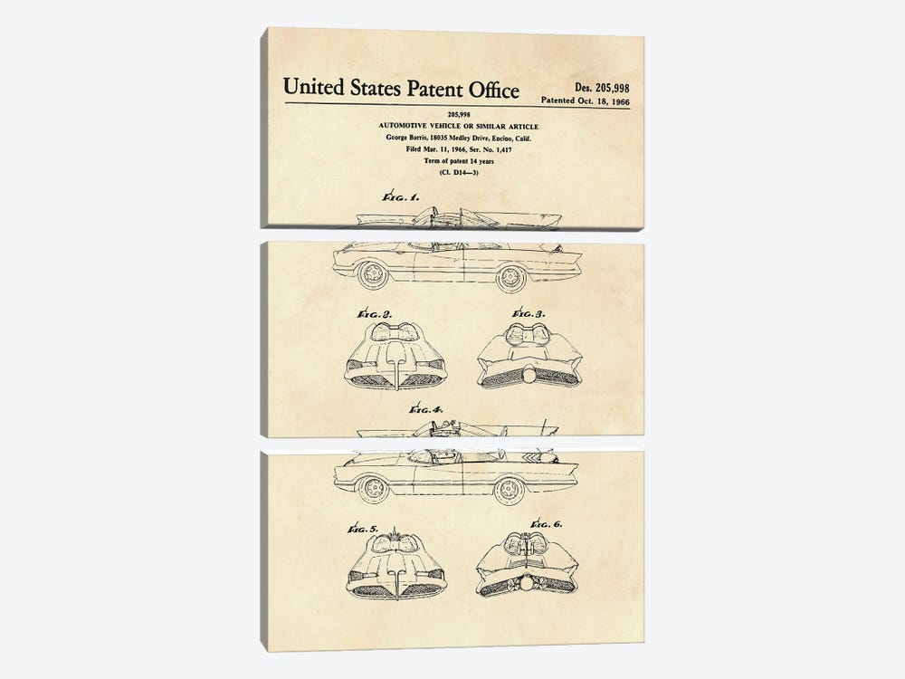 Batmobile Patent II by Paul Rommer 3-piece Canvas Artwork
