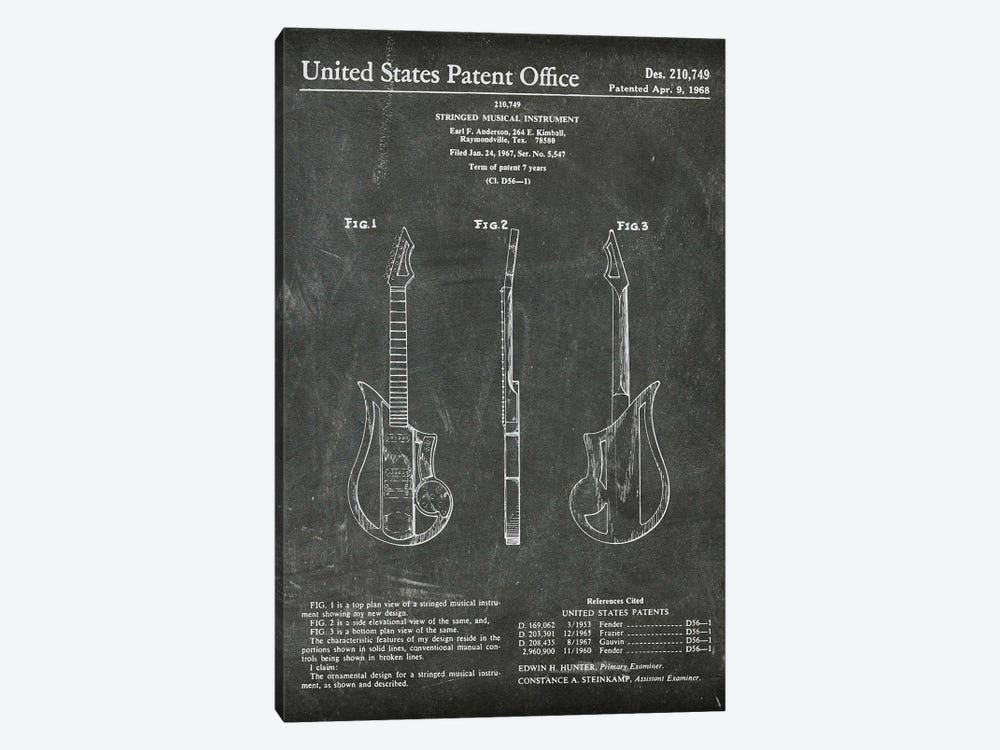 Stringed Musical Instrument Patent MMI by Paul Rommer 1-piece Canvas Wall Art
