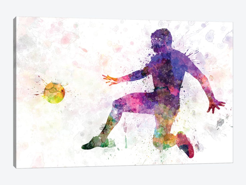 Man Soccer Football Player Flying Kicking I by Paul Rommer 1-piece Canvas Wall Art