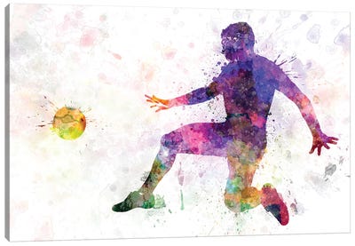 Man Soccer Football Player Flying Kicking I Canvas Art Print - Soccer Art
