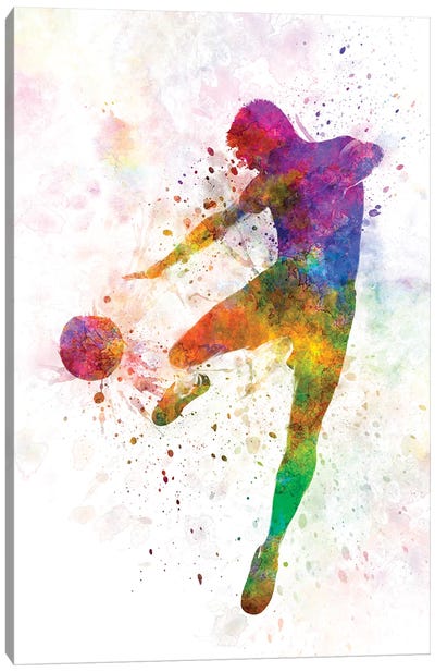 Man Soccer Football Player Flying Kicking III Canvas Art Print - Paul Rommer