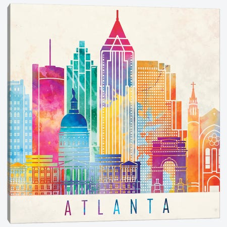 Atlanta Landmarks Watercolor Poster Canvas Print #PUR48} by Paul Rommer Canvas Wall Art