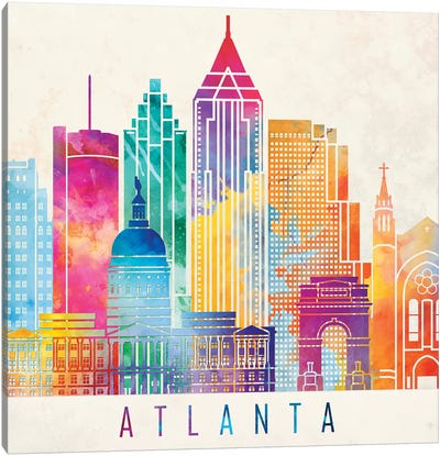 Atlanta Landmarks Watercolor Poster Canvas Art Print - Atlanta Skylines