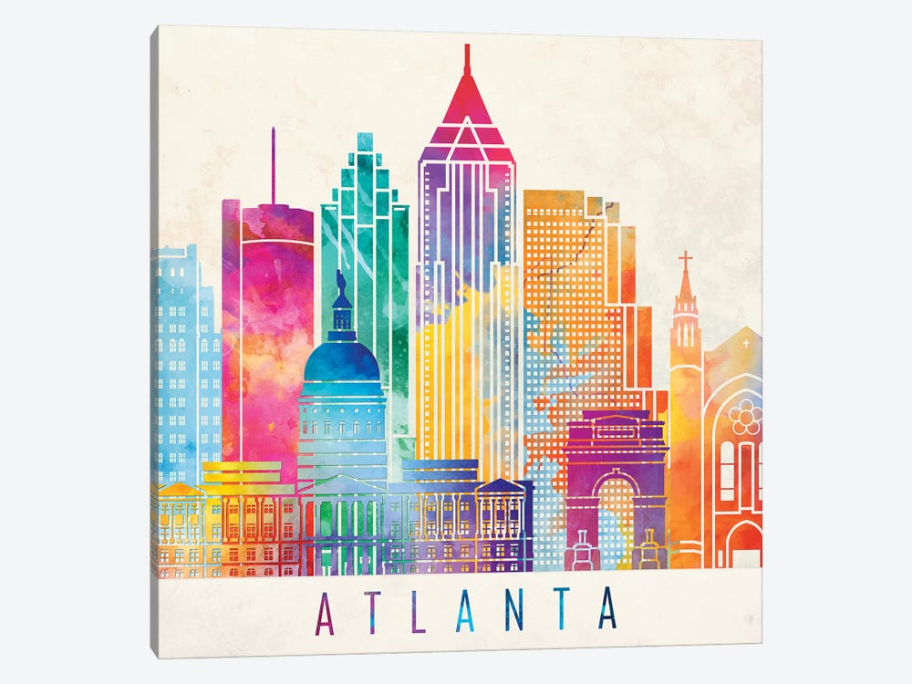 Atlanta Landmarks Watercolor Poster by Paul Rommer 1-piece Canvas Artwork