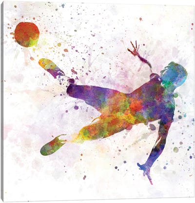 Man Soccer Football Player Flying Kicking V Canvas Art Print - Paul Rommer