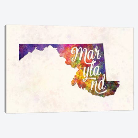 Maryland US State In Watercolor Text Cut Out Canvas Print #PUR497} by Paul Rommer Canvas Artwork