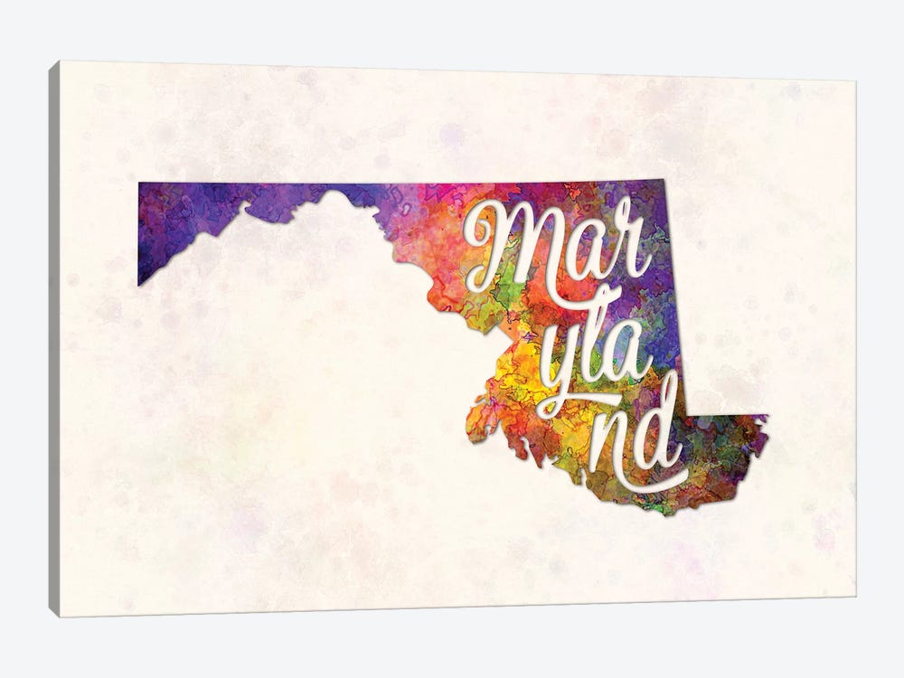 Maryland US State In Watercolor Text Cut Out by Paul Rommer 1-piece Canvas Artwork