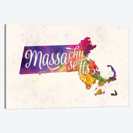 Massachusetts US State In Watercolor Text Cut Out Canvas Print #PUR499} by Paul Rommer Art Print