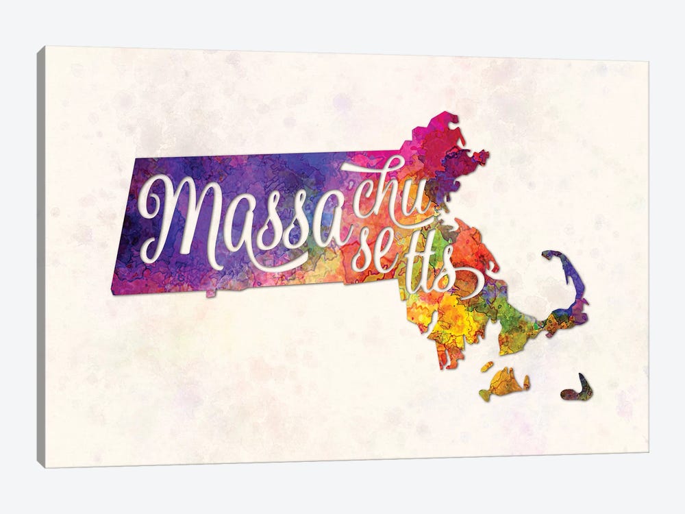 Massachusetts US State In Watercolor Text Cut Out by Paul Rommer 1-piece Canvas Wall Art