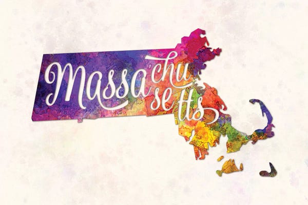 Massachusetts: Massachusetts US State In Watercolor Text Cut Out by Paul Rommer