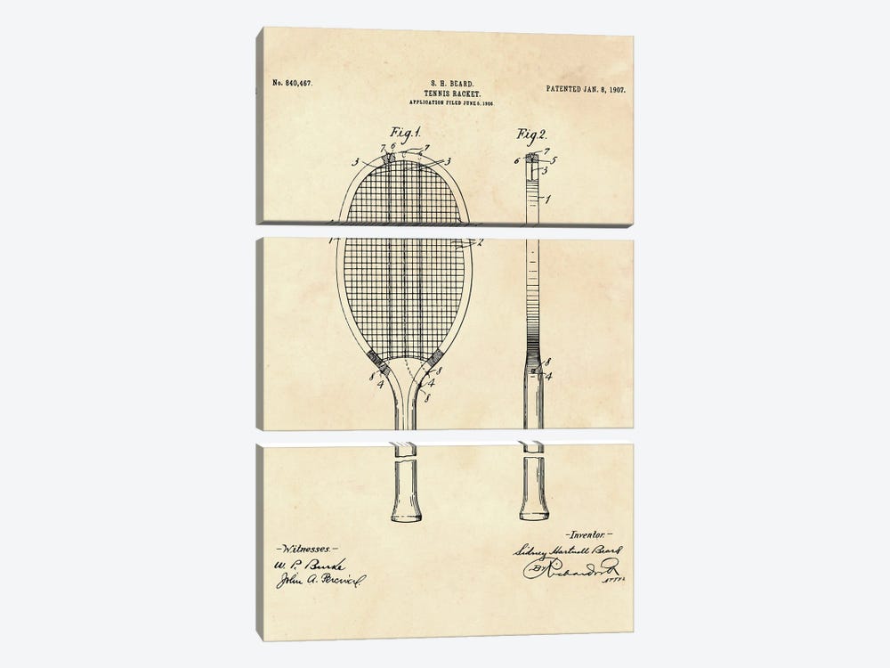 Tennis Racket Patent VI by Paul Rommer 3-piece Canvas Artwork