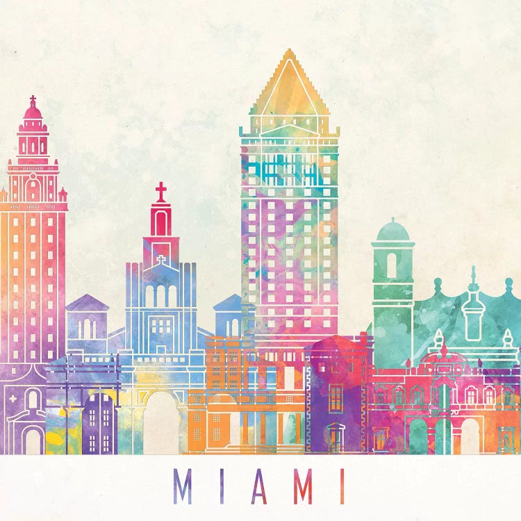 Miami Landmarks Watercolor Poster