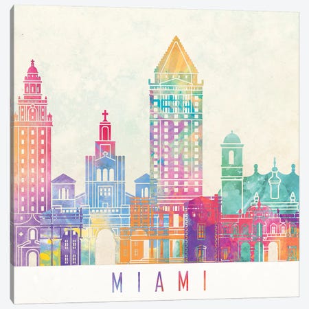 Miami Landmarks Watercolor Poster Canvas Print #PUR504} by Paul Rommer Canvas Wall Art