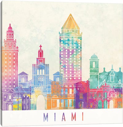 Miami Landmarks Watercolor Poster Canvas Art Print - Miami Skylines