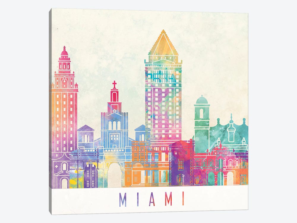 Miami Landmarks Watercolor Poster by Paul Rommer 1-piece Canvas Print