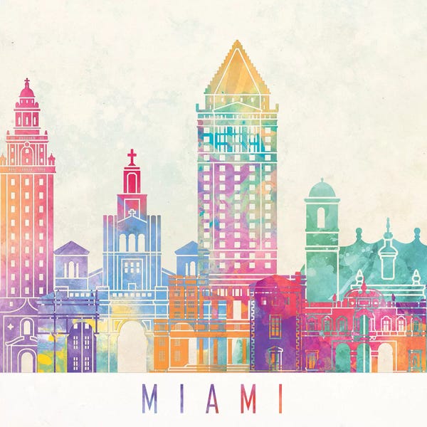Miami: Miami Landmarks Watercolor Poster by Paul Rommer