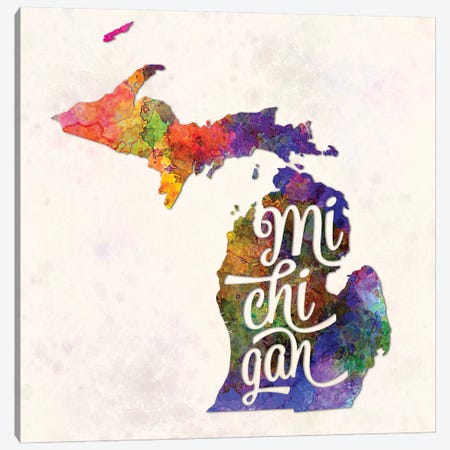 Michigan US State In Watercolor Text Cut Out Canvas Print #PUR506} by Paul Rommer Canvas Artwork