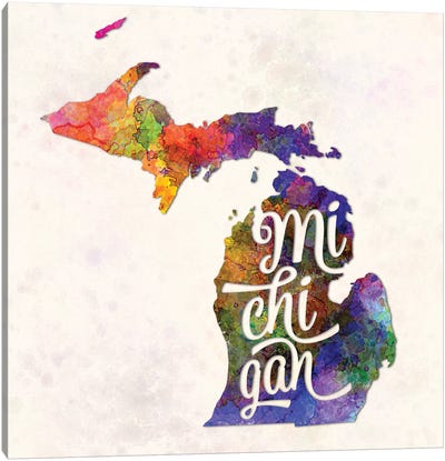 Michigan US State In Watercolor Text Cut Out Canvas Art Print - Michigan Art