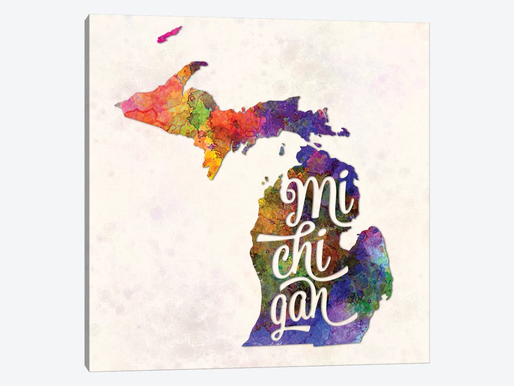 Michigan US State In Watercolor Text Cut Out by Paul Rommer 1-piece Art Print
