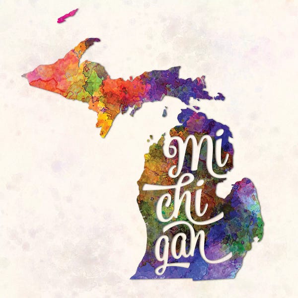 Michigan: Michigan US State In Watercolor Text Cut Out by Paul Rommer