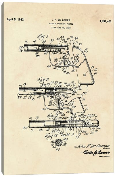 Marble Shooting Pistol Patent II Canvas Art Print - Weapon Blueprints