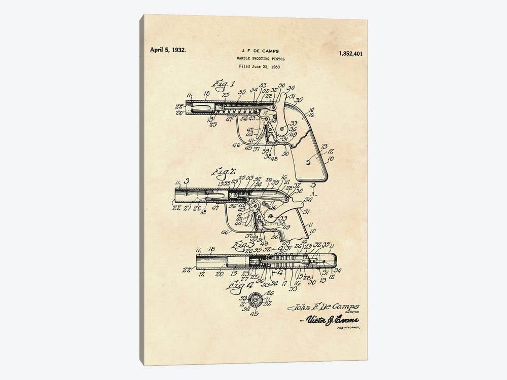 Marble Shooting Pistol Patent II by Paul Rommer 1-piece Canvas Artwork