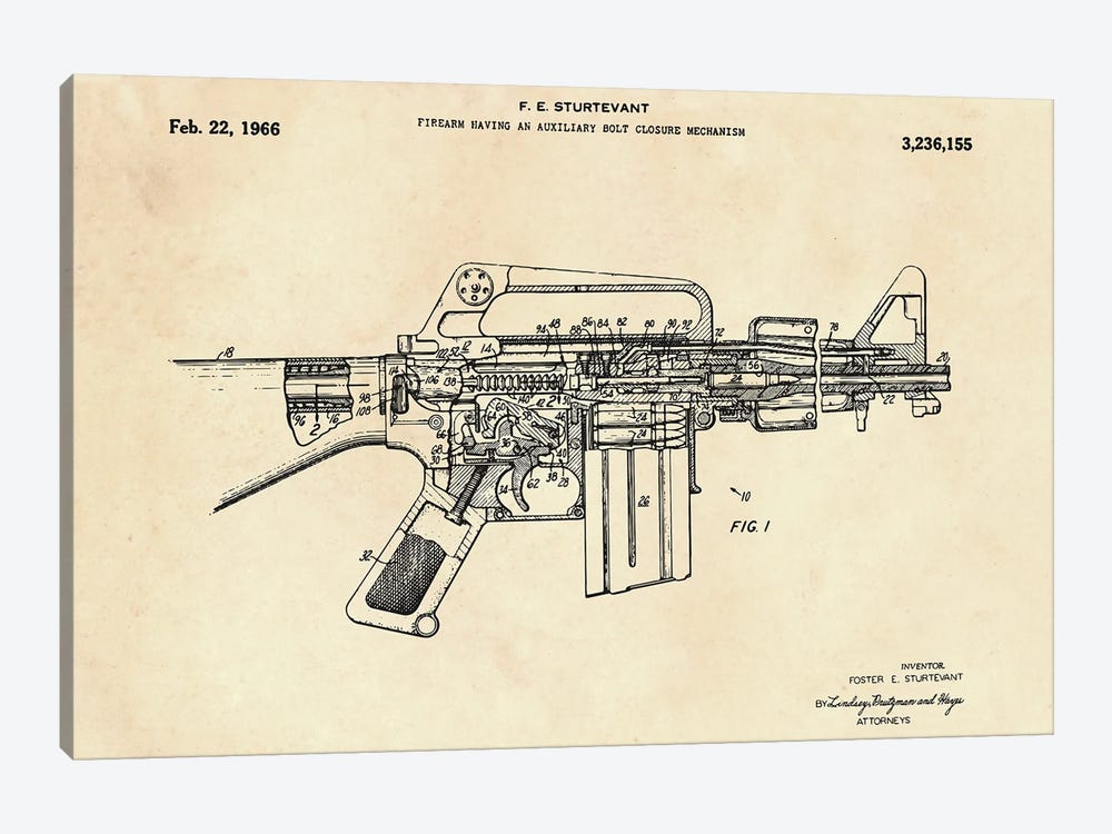 Firearm Having An Auxiliary Bolt Closure Mechanism Patent II by Paul Rommer 1-piece Canvas Art Print