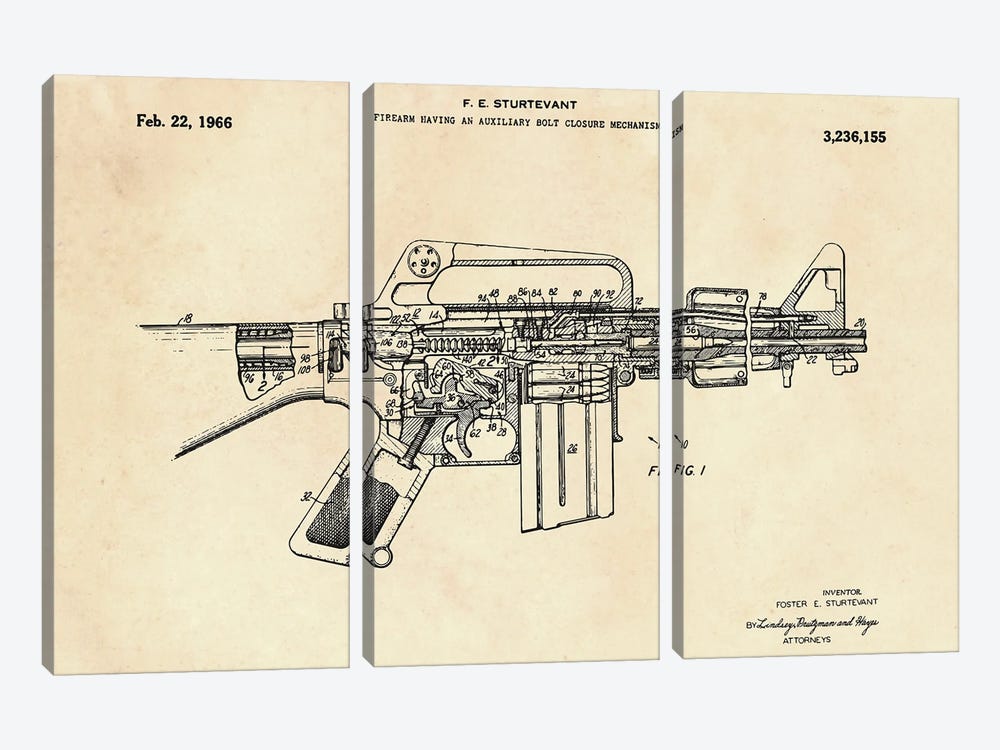 Firearm Having An Auxiliary Bolt Closure Mechanism Patent II by Paul Rommer 3-piece Canvas Print