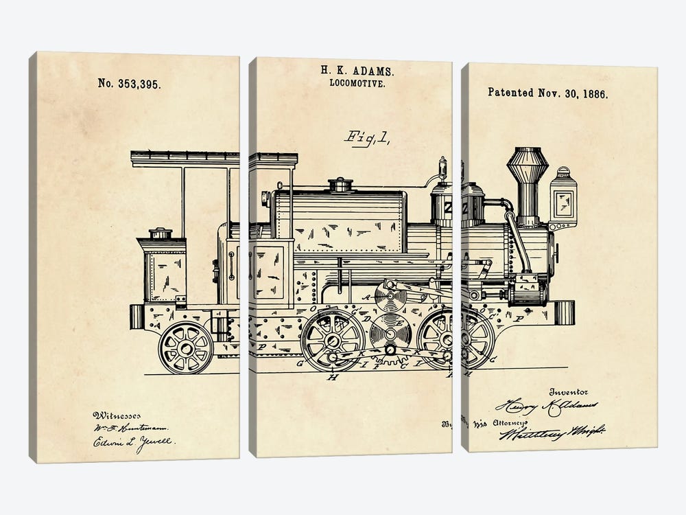 Locomotive Patent XV by Paul Rommer 3-piece Canvas Artwork