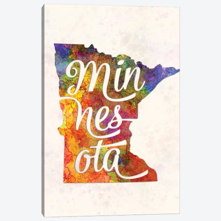Minnesota US State In Watercolor Text Cut Out Canvas Print #PUR512} by Paul Rommer Canvas Art
