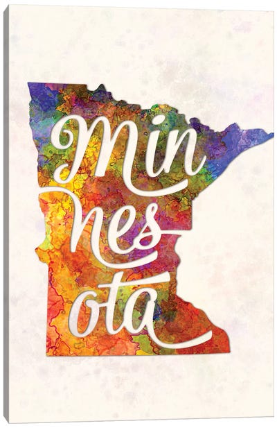 Minnesota US State In Watercolor Text Cut Out Canvas Art Print - Minnesota Art