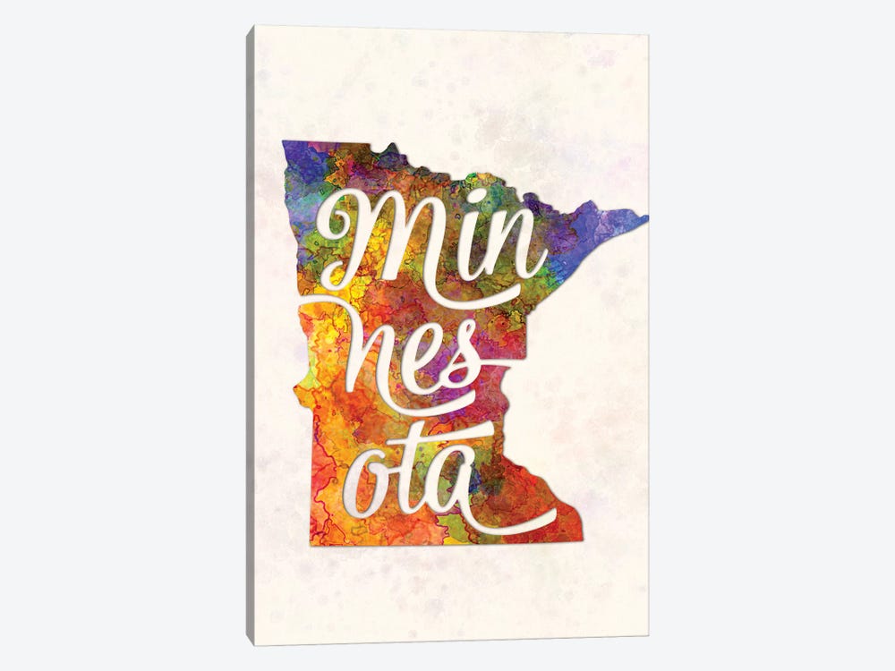 Minnesota US State In Watercolor Text Cut Out by Paul Rommer 1-piece Canvas Wall Art