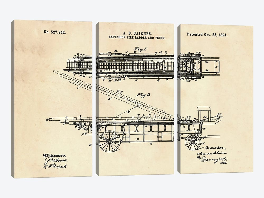 Extension Fire Ladder And Truck Patent IV by Paul Rommer 3-piece Canvas Wall Art