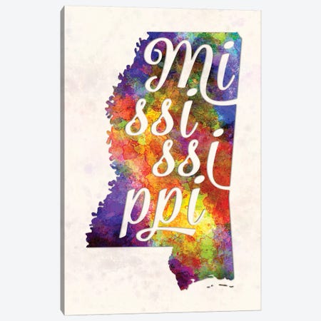 Mississippi US State In Watercolor Text Cut Out Canvas Print #PUR514} by Paul Rommer Canvas Art Print