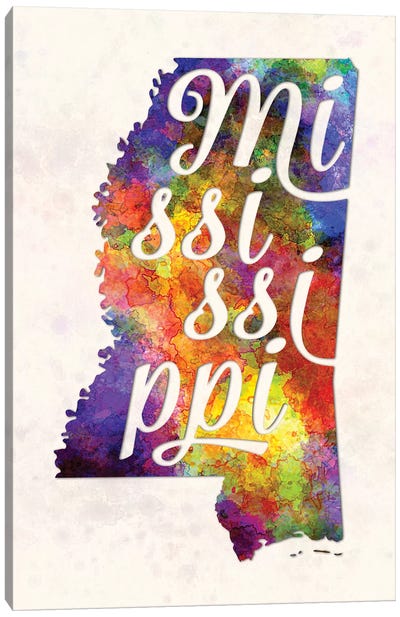 Mississippi US State In Watercolor Text Cut Out Canvas Art Print - Mississippi