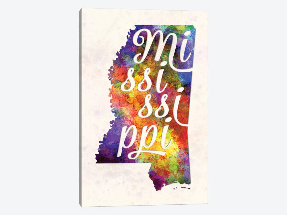 Mississippi US State In Watercolor Text Cut Out by Paul Rommer 1-piece Canvas Wall Art