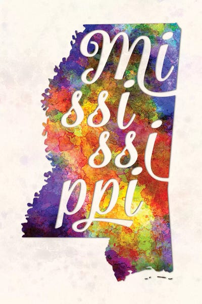 Mississippi: Mississippi US State In Watercolor Text Cut Out by Paul Rommer