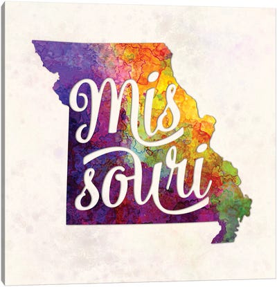 Missouri US State In Watercolor Text Cut Out Canvas Art Print - Missouri Art