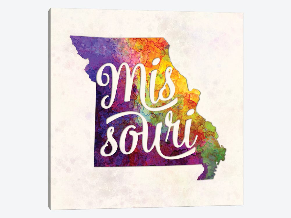 Missouri US State In Watercolor Text Cut Out by Paul Rommer 1-piece Canvas Art