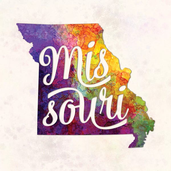 Missouri: Missouri US State In Watercolor Text Cut Out by Paul Rommer