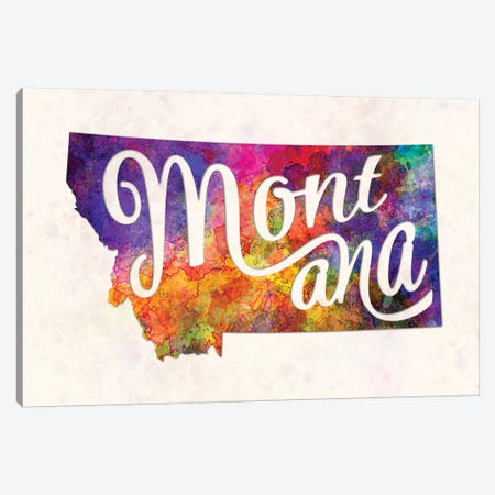 Montana US State In Watercolor Text Cut Out Canvas Print #PUR518} by Paul Rommer Canvas Artwork