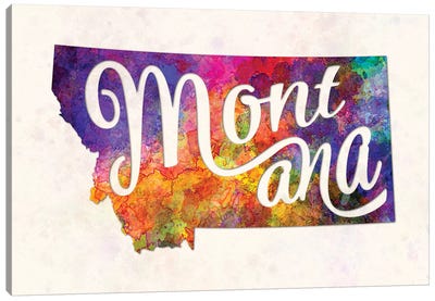 Montana US State In Watercolor Text Cut Out Canvas Art Print - Montana Art