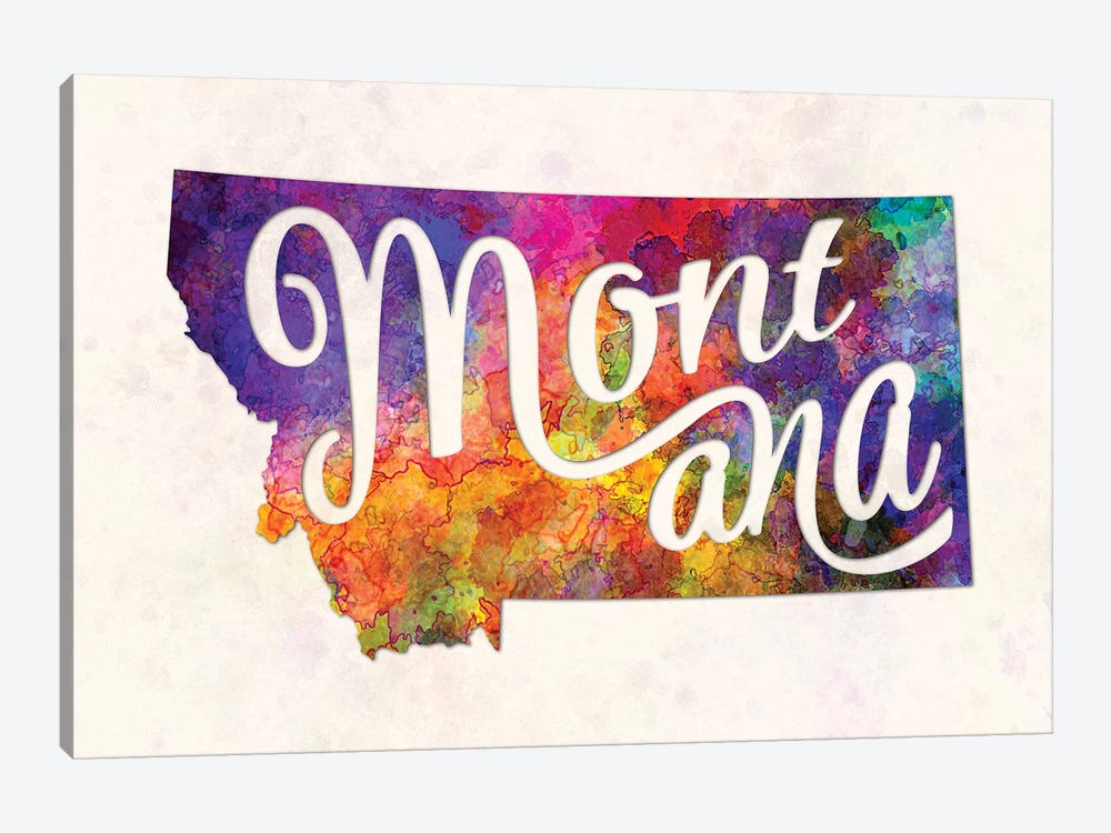 Montana US State In Watercolor Text Cut Out by Paul Rommer 1-piece Canvas Art