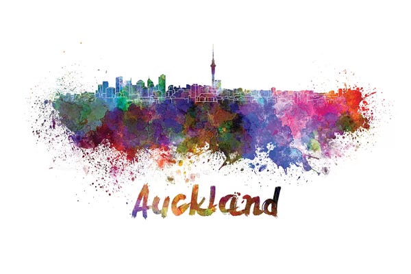 New Zealand: Auckland Skyline In Watercolor by Paul Rommer