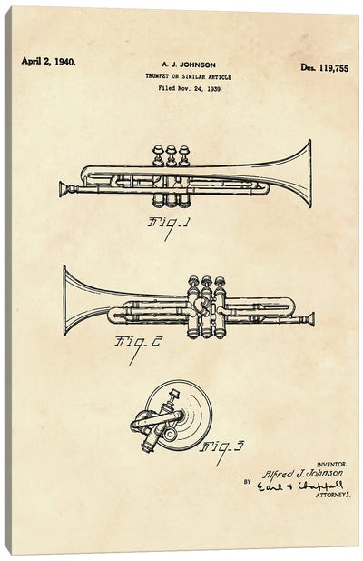 Trumpet Patent II Canvas Art Print - Music Blueprints