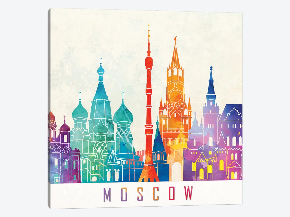 Moscow Landmarks Watercolor Poster by Paul Rommer 1-piece Canvas Print