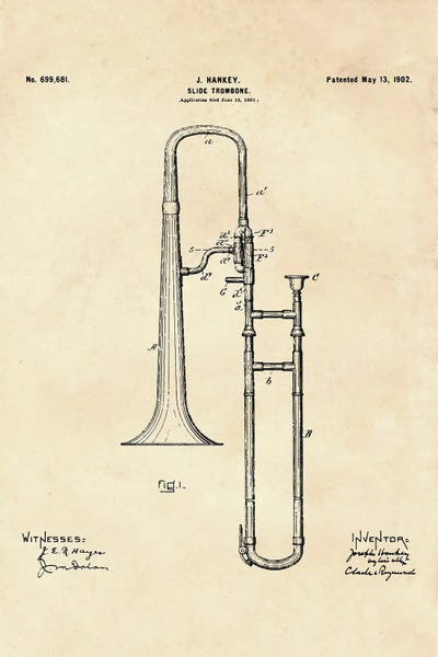Slide Trombone Patent II by Paul Rommer metal wall art
