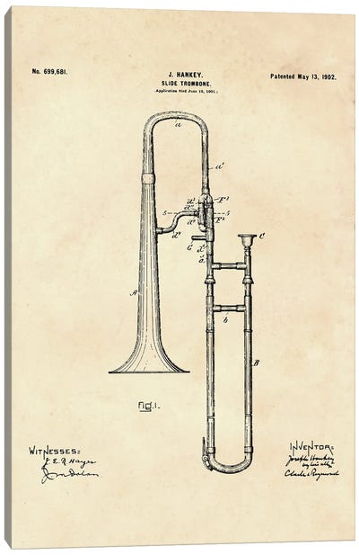 Slide Trombone Patent II Canvas Art Print - Music Blueprints