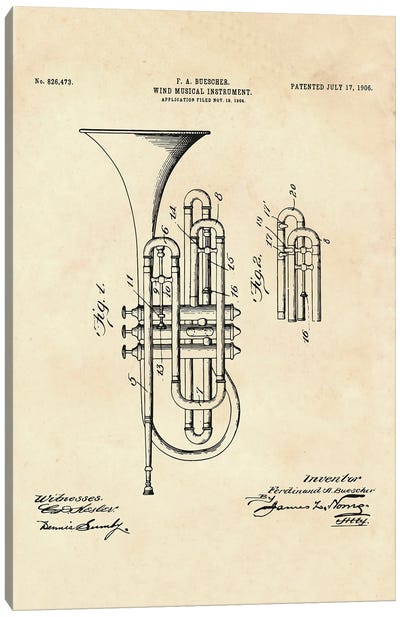 Wind Musical Instrument Patent II Canvas Art Print - Music Blueprints