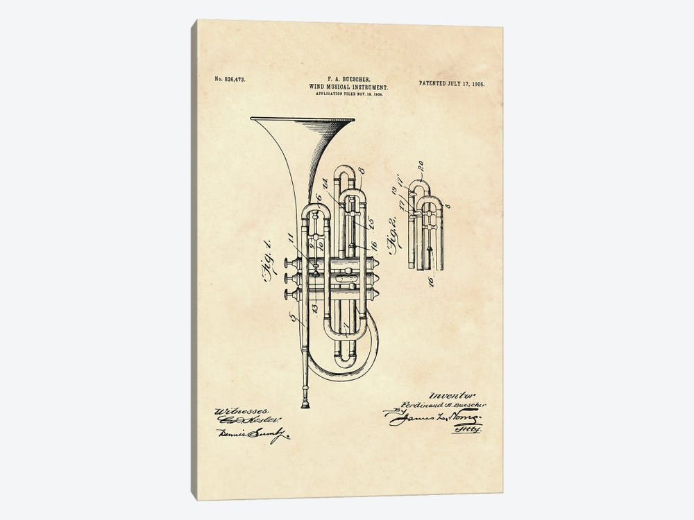 Wind Musical Instrument Patent II by Paul Rommer 1-piece Canvas Art Print